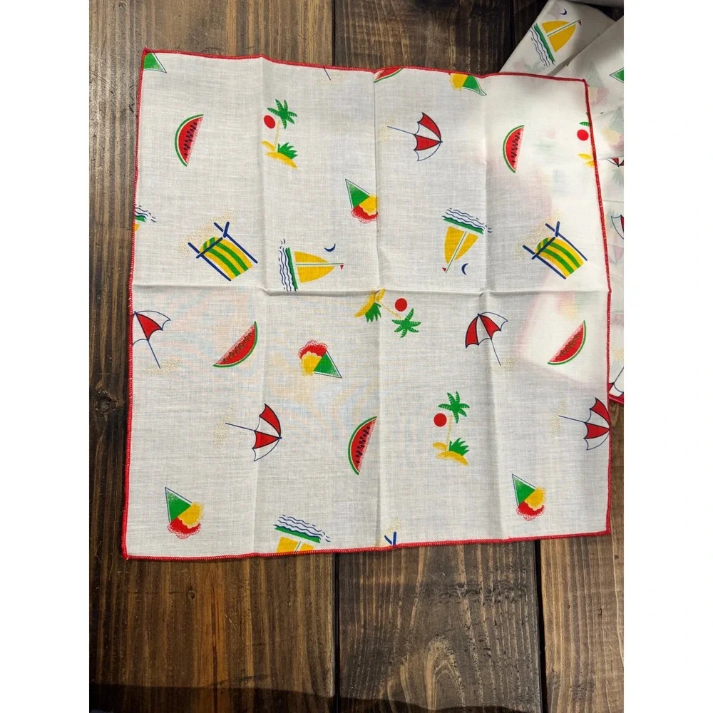 Vintage Summer Beach Napkins Set of‎ 8 Red Trim Watermelon Sailboat NOS 17x17